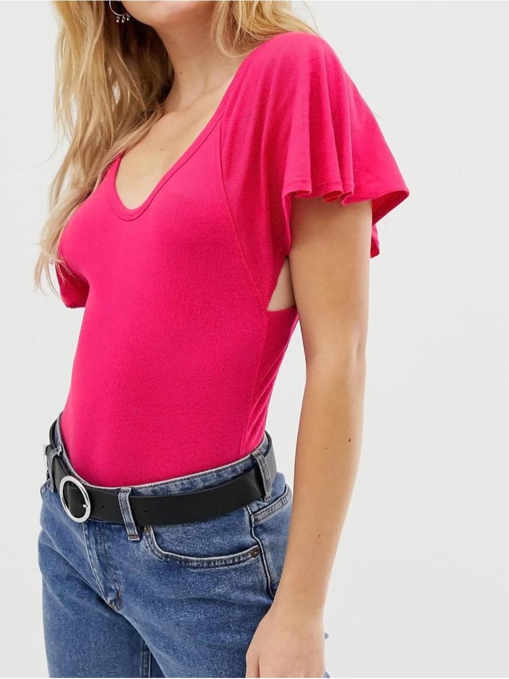 Free People Intimately Byron Cut Out Pink Bodysuit BarbieCore Flutter Sleeves